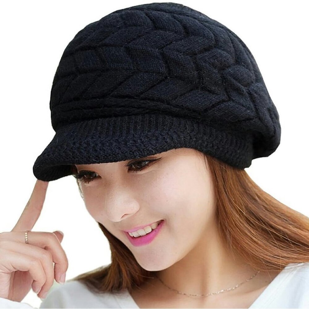Chunky Knit Winter Beanie with Visor Brim, Warm Thermal Acrylic, One Size